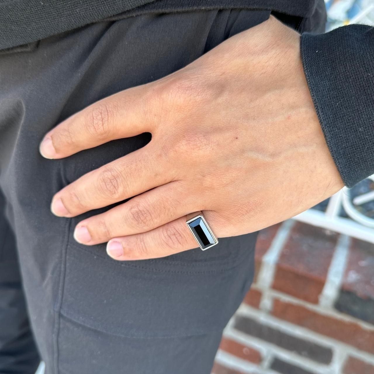 Silver Onyx Rectangle Signet Ring Stainless Steel Pinky Ring