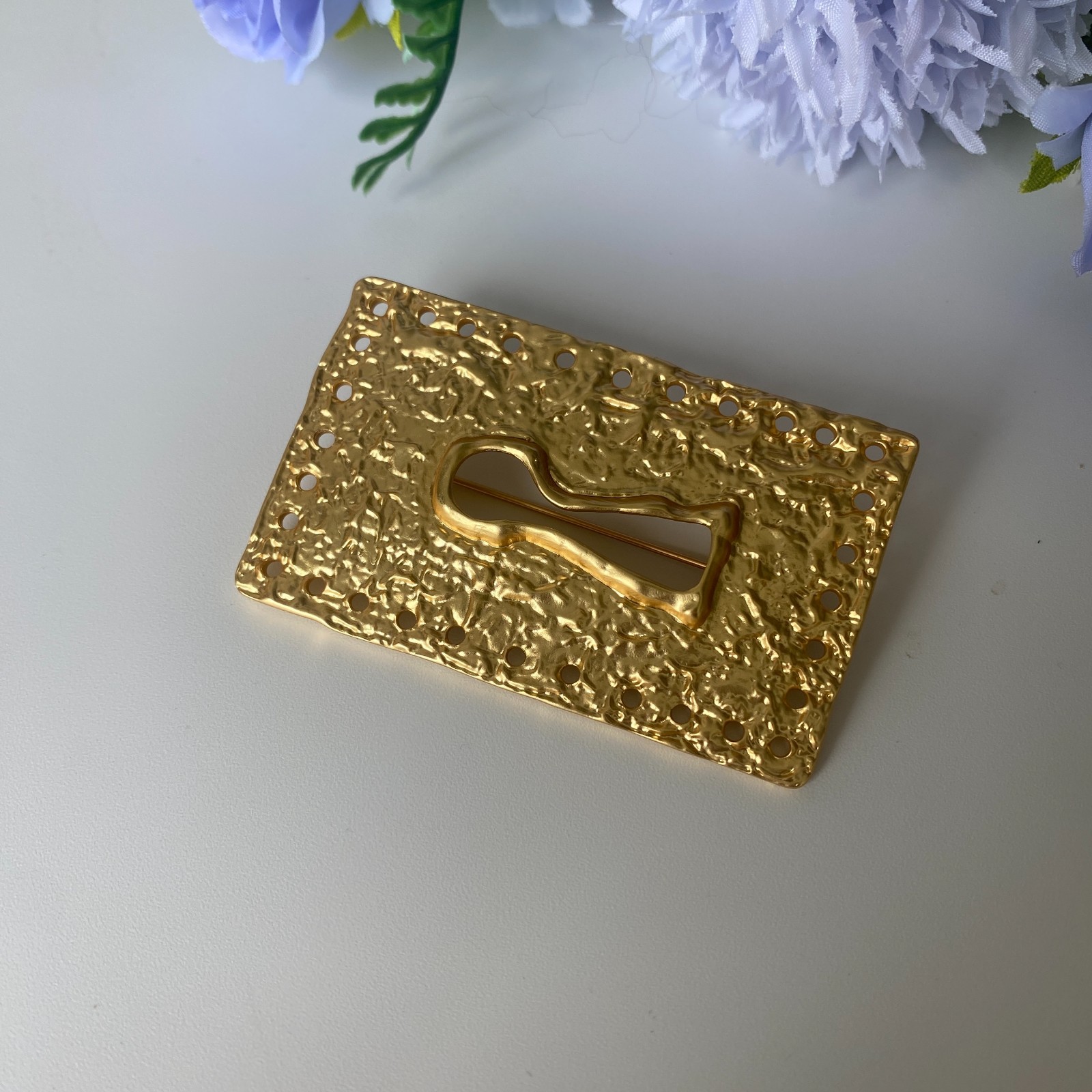 Schiaparelli Hammered Rectangular Keyhole Matte Gold Lock Plate Brooch