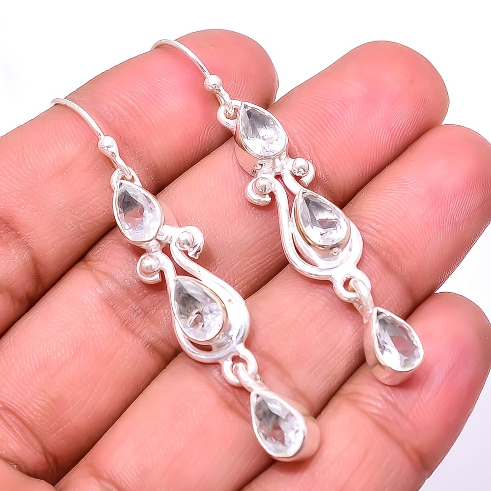 White Topaz Multi Collet 925 Sterling Silver Earring 2.11″ E29, Christmas Gift