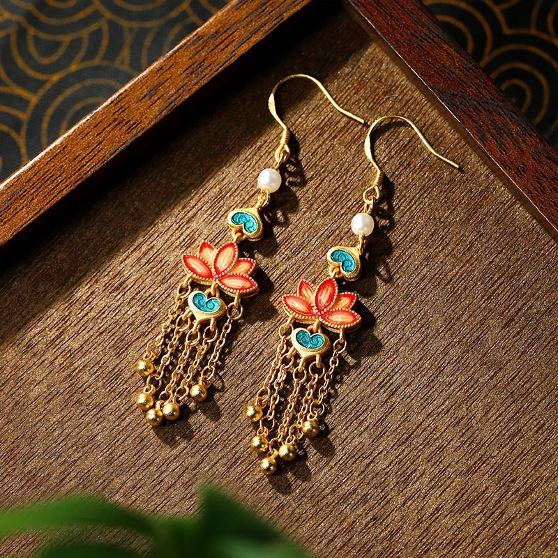 Chinese-style enamel gradient floral earrings，Multicolored Earrings，Handmade