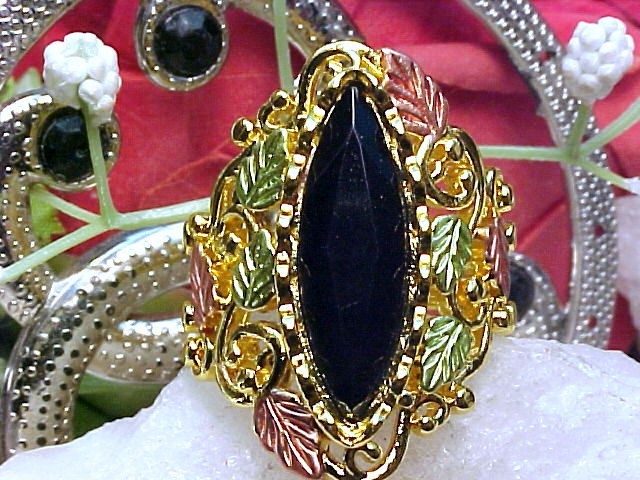 Black Hills Design Ring + Grape leaves + Black Onyx 925 Vermeil Sz 7.5