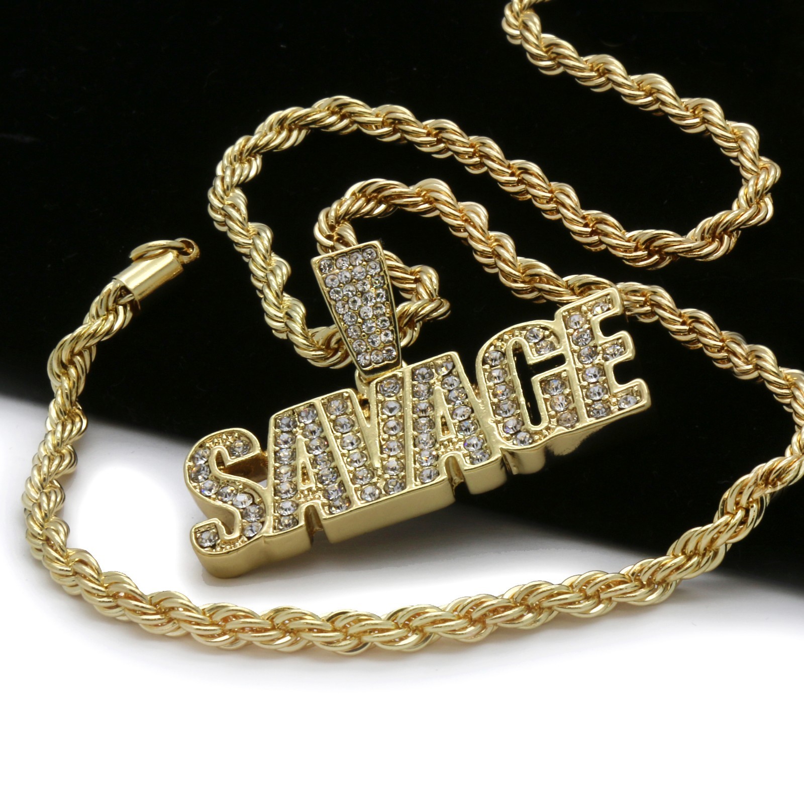 Mens 14k Gold Plated SAVAGE Cubic-Zirconia Pendant 4mm Rope Chain Necklace