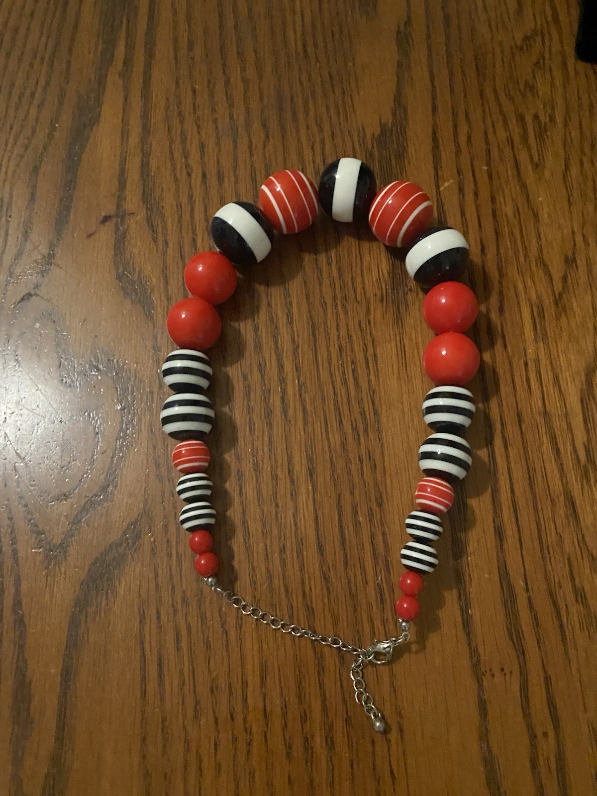 VTG Gymboree Red, Black &White Stripe Chunky Statement Bead Necklace-17″ L