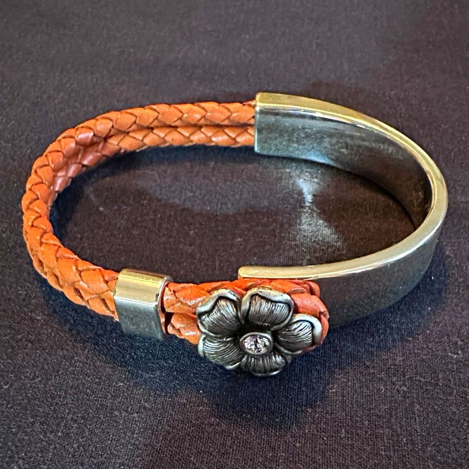 Brighton Brown Braided Leather Silver-Tone Magnetic Cuff Bangle Bracelet Flower