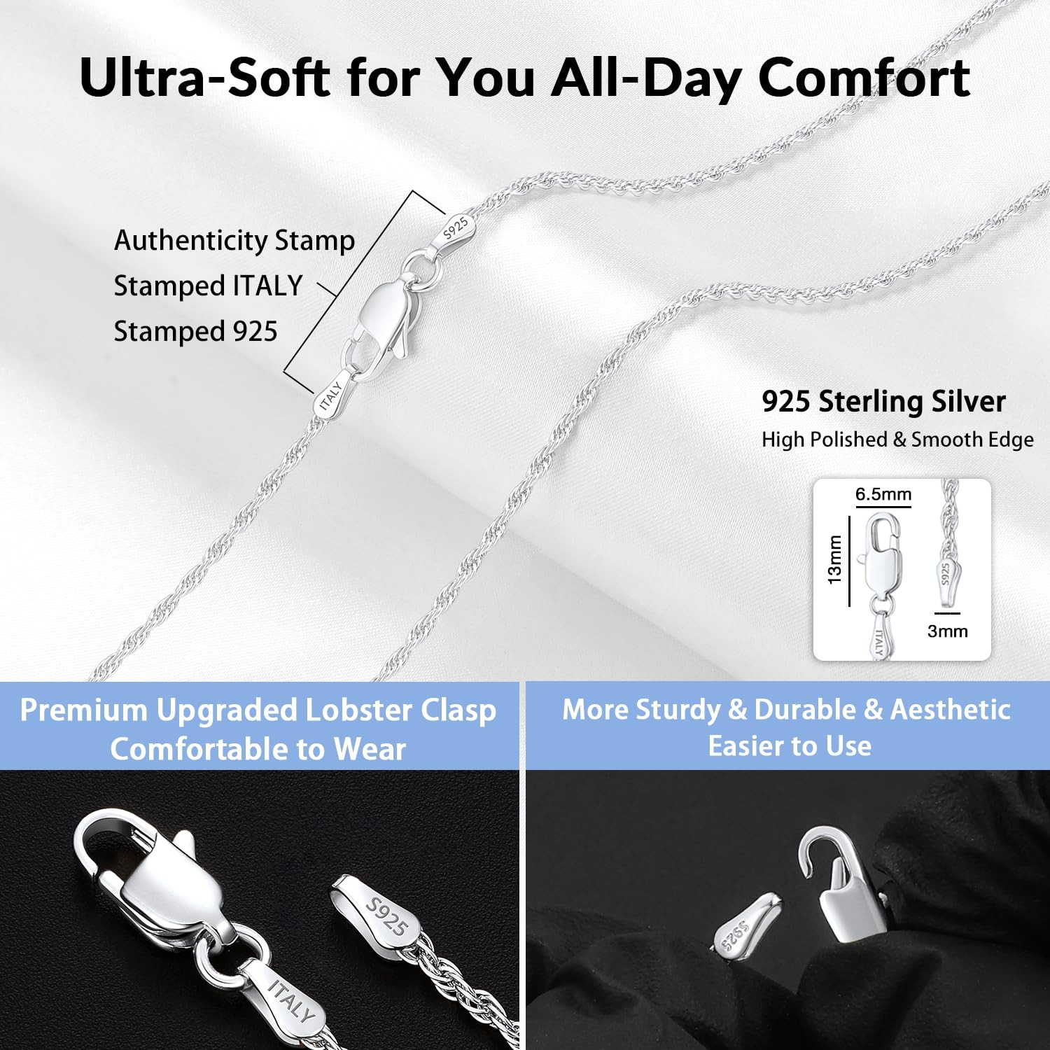 Jewlpire 925 Sterling Silver Chain Necklace For Women 1.5Mm Rope Chains Silver