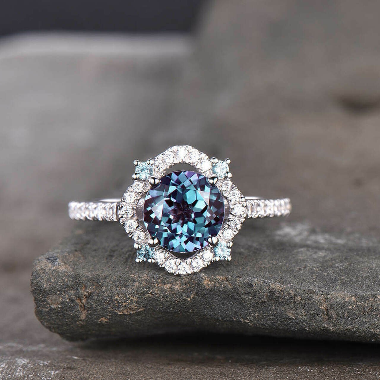 Lab-Created 2Ct Round Alexandrite Engagement Ring 14K White Gold Plated Silver
