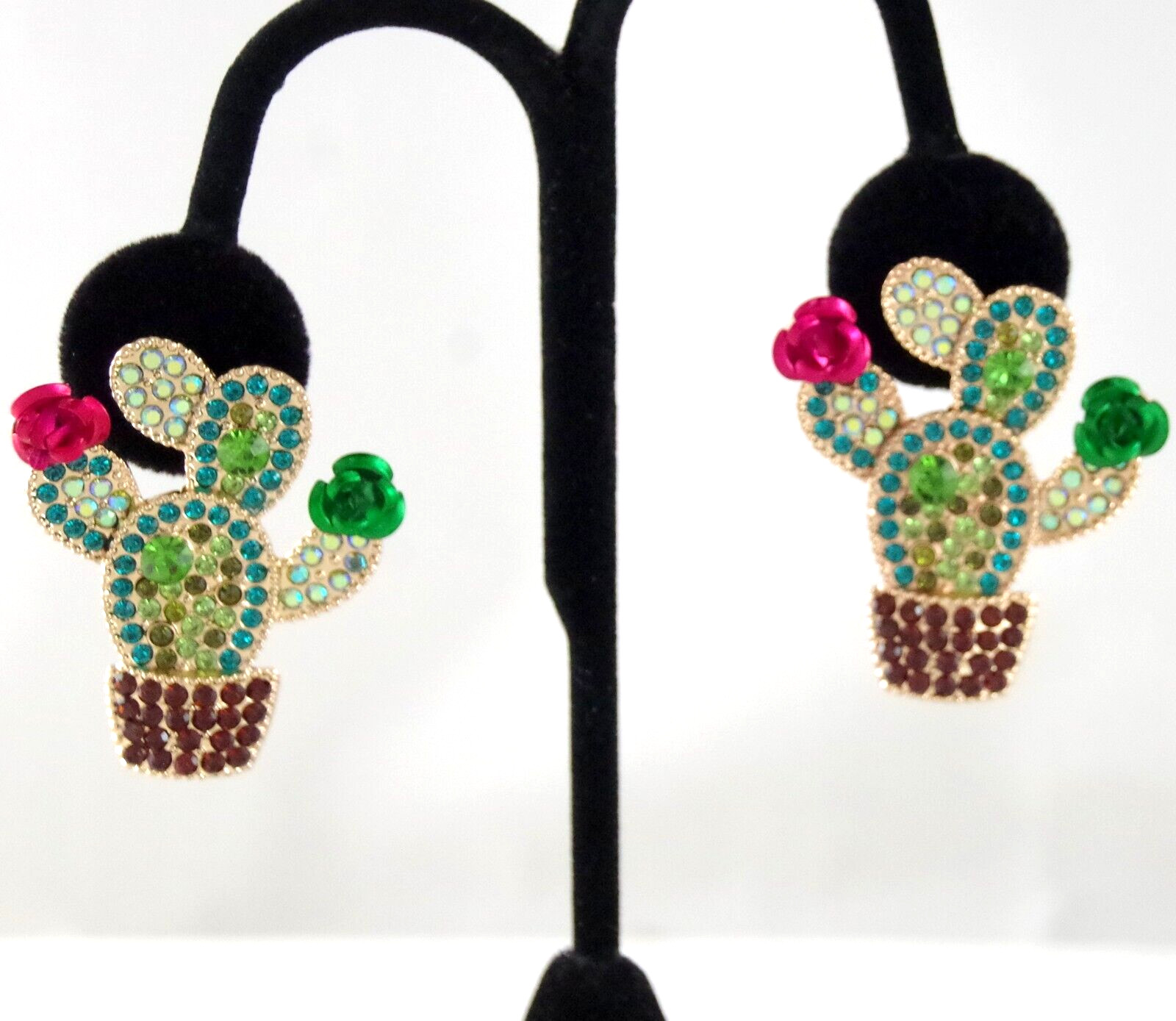 1.75″ BETSEY JOHNSON CRYSTAL RHINESTONE CACTI w 3D METAL CACTUS FLOWERS EARRINGS