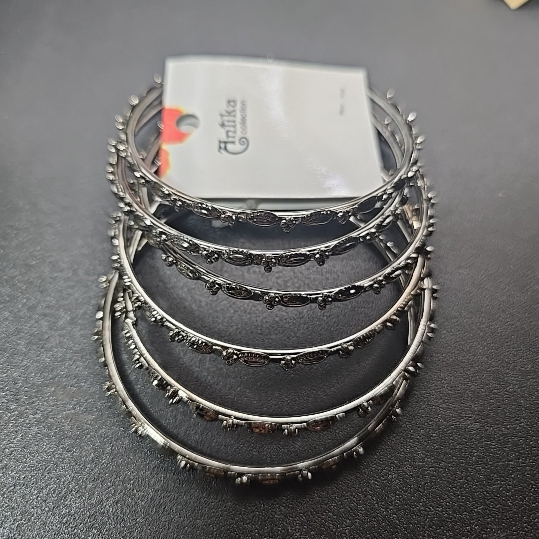 6 India Thin Bangle Bracelet Silver Color 2.5″ Diameter Floral 3D Antika New