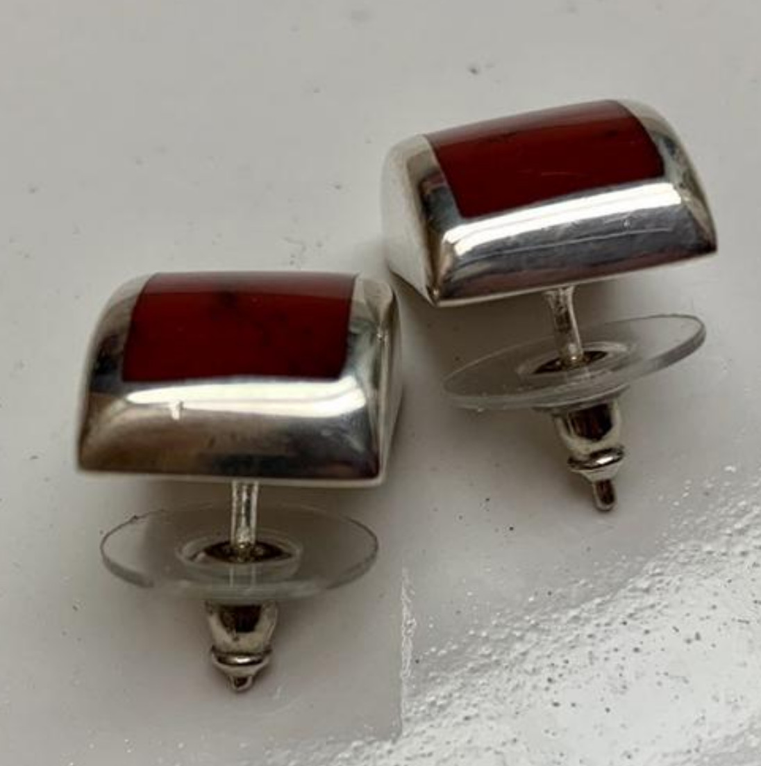 Silpada 925 Sterling Silver Post Stud Earrings P0819 Red Jasper Domed Vintage