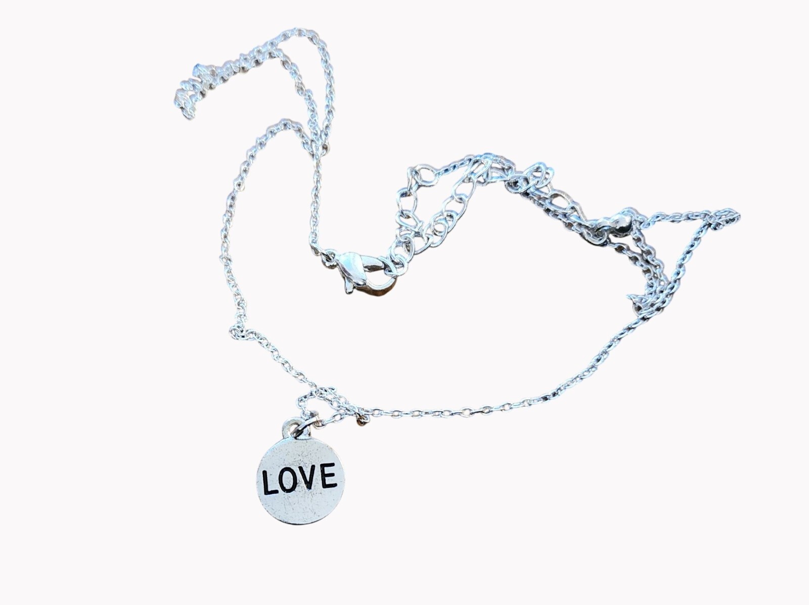 Silvertone Necklace w 1/2 Inch Diameter “Love” Pendant On 16.5-20 Inch Chain