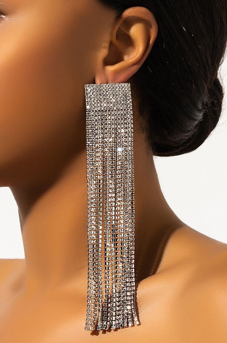 Handmade Exclusive Silver Extra Long Crystal Earrings