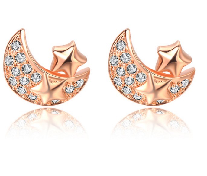 Rose Gold Plated Cubic Zircon Stud Earrings 925 Sterling Silver Star Moon PE18