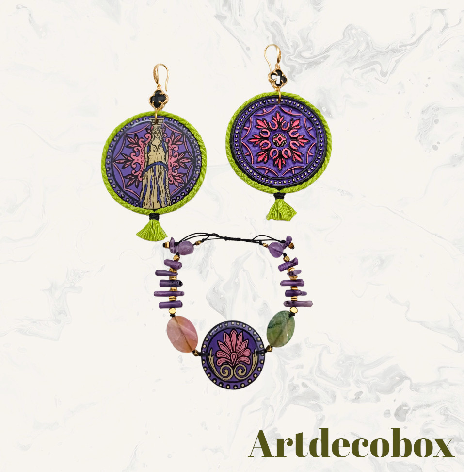 Painted bracelet inspired Ancient Greek Architecture Ornament Boho Art jewelry