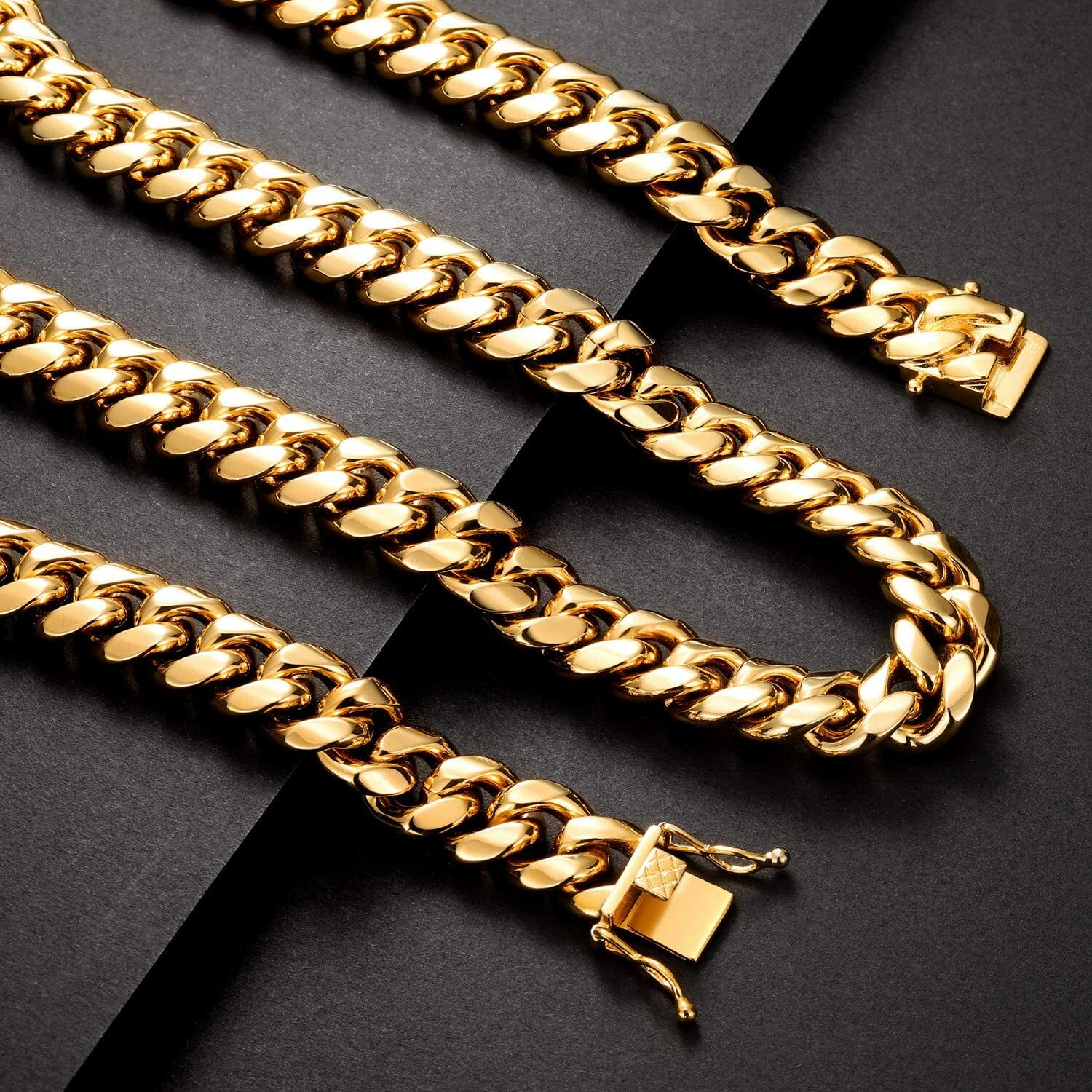 Heavy Gold Plated Stainless Steel Miami Cuban Link Curb Necklace 14mm 18-30 inch