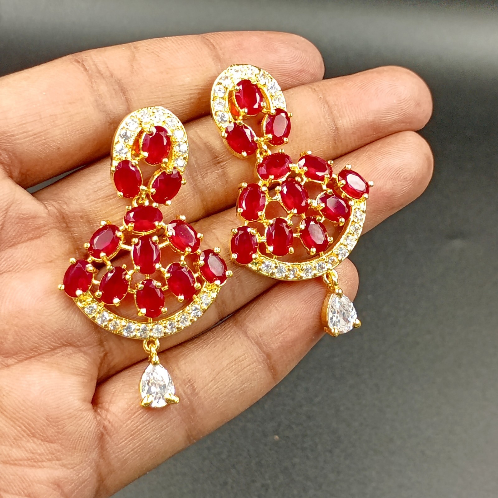 Bollywood 22K Gold Plated Ruby Necklace Set Traditional Wedding Wear Oval Stone