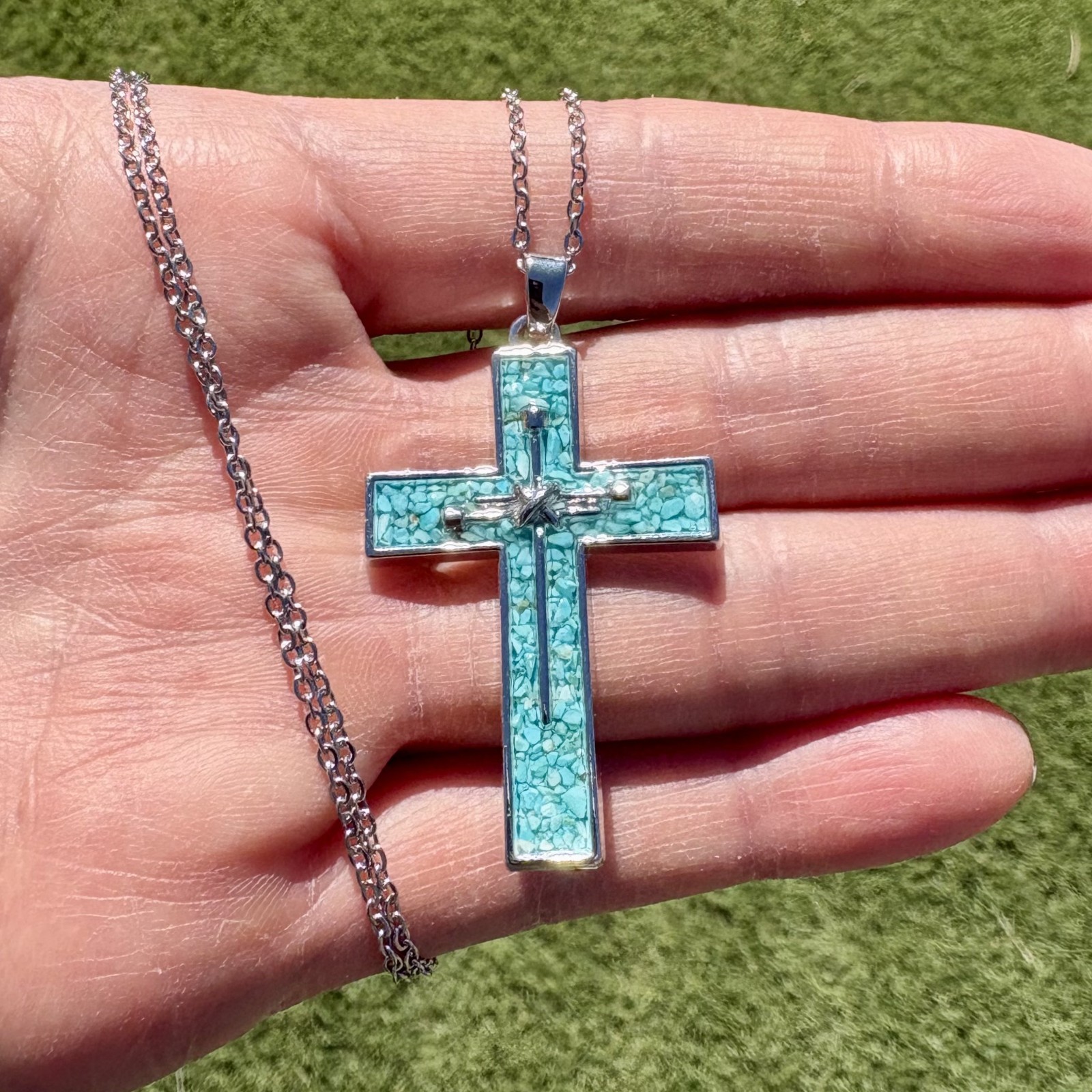 Blue Turquoise Stone Chip Inlay 3-Nail Cross Overlay Pendant Necklace Boho