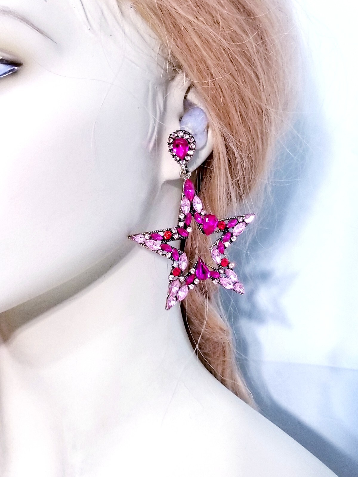 Chandelier Rhinestone Crystal Pageant Bridal Earrings Pink Drop Dangle 3.2 inch