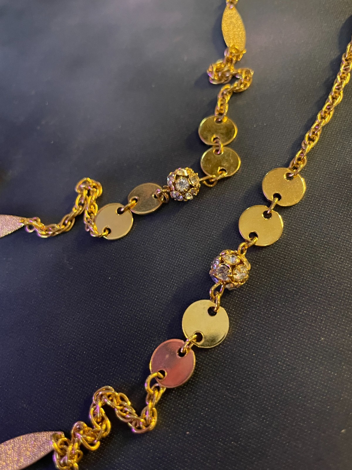 Vintage Gold Plated Multi-chain Necklace w/ Iridescent Glass Beads and Studs