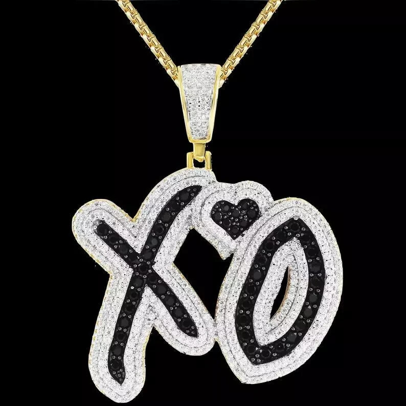 2.05ct Black White Cubic Zirconia XO Pendant Chain Yellow Gold Plated Silver