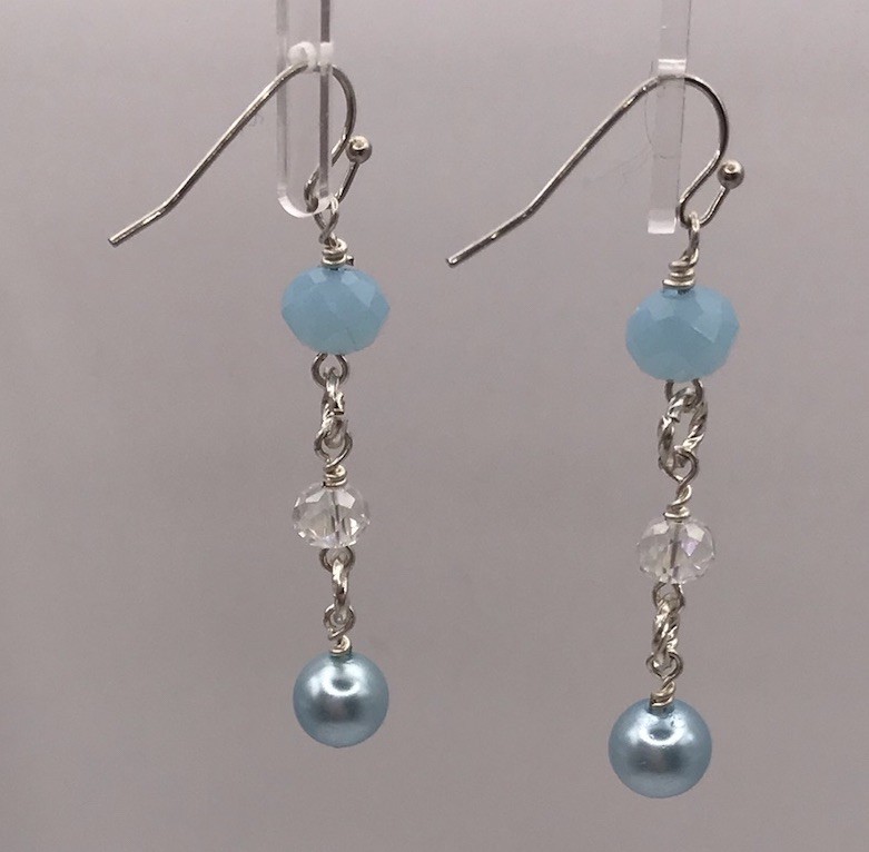 Blue Pearl/ Blue bead Fish Hook Dangle Style Silver Colored Earrings