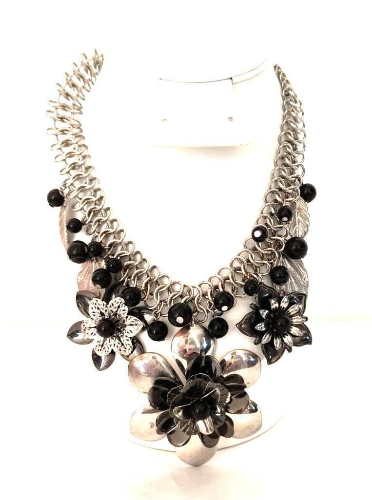Silver Tone & Black Women’s Statement Necklace Flower Shapes Adjustable Length