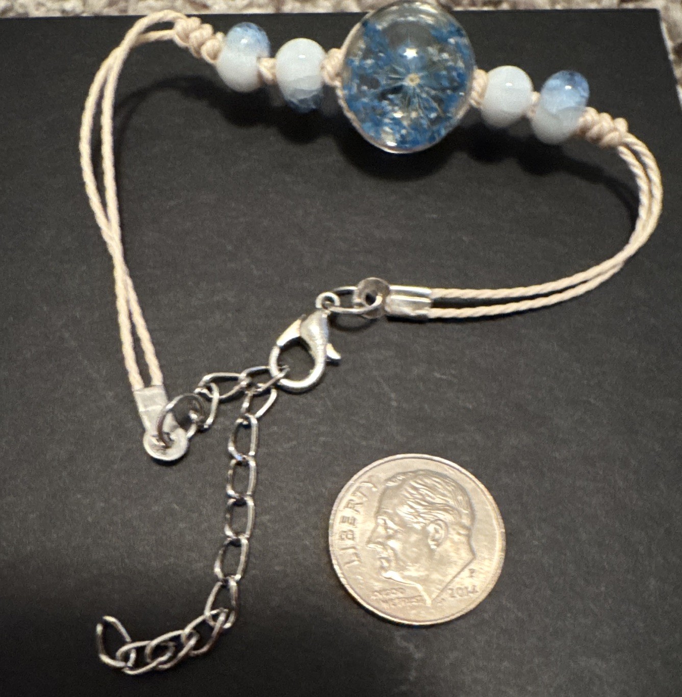 Adjustable Blue Flower & Blue/White crackle bead Charm Bracelet , Lobster clasp
