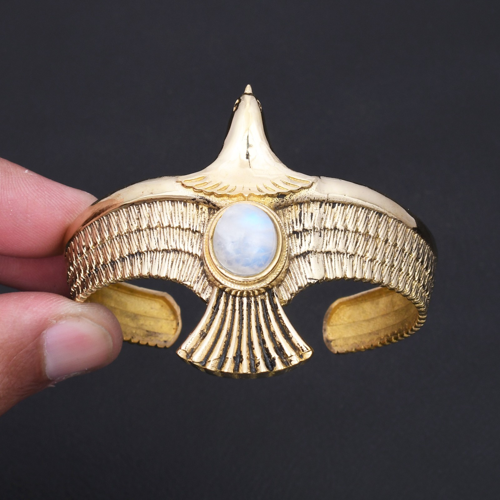Rainbow Moonstone Gemstone Ethnic Adjustable Gold Plated Bangle Jewelry TC-003
