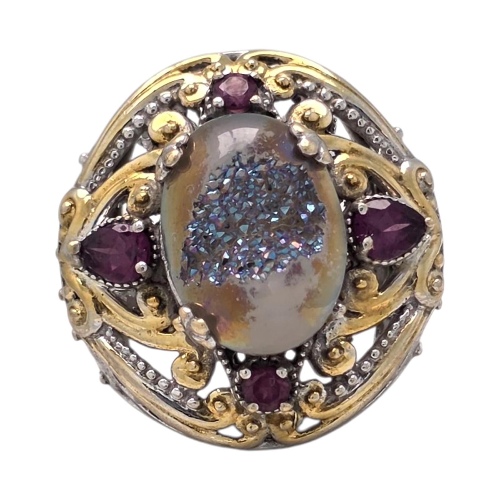KARIS PLATINUM/PALLADIUM PLATED DRUZY/PURPLE STONE SIZE 7 RING 9.9GR #1241