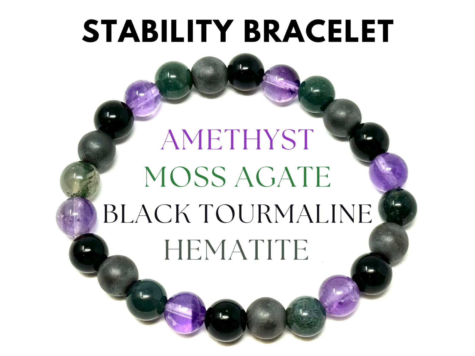 Stability Bracelet: 8 mm Beads (Amethyst, Hematite, Moss Agate, & Tourmaline)