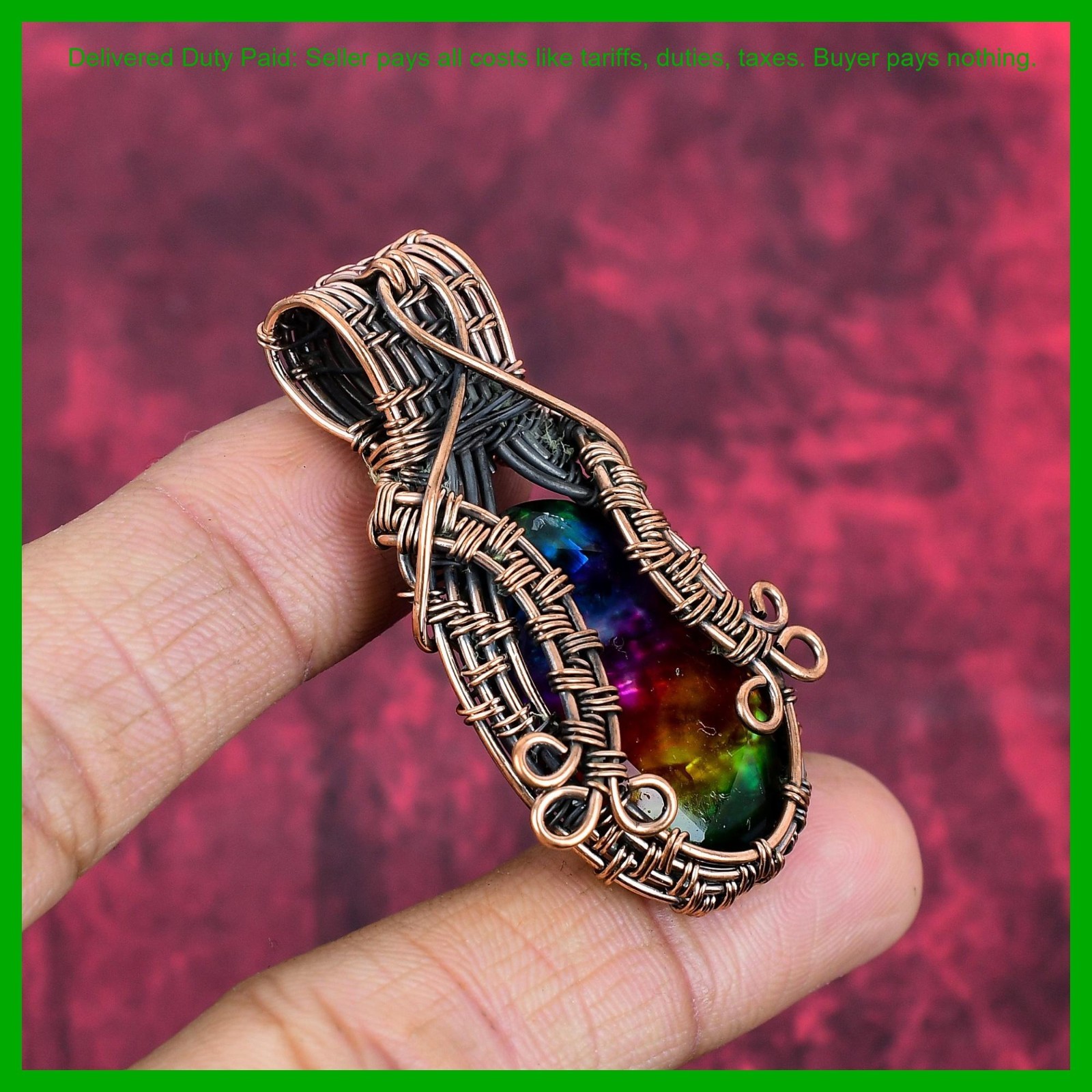 Cyber Monday Deal Copper Ammolite Gemstone Anniversary Gift Wire Wrapped Pendant