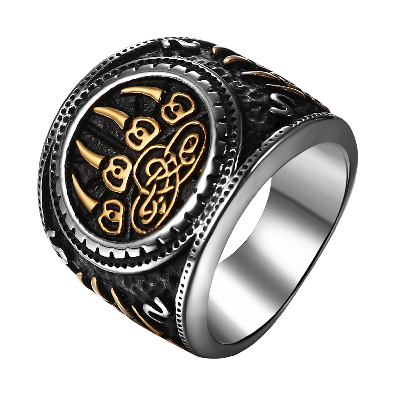 Mens Bear Paw Signet Ring Stainless Steel Wedding Band Size 7 8 9 10 11 12 13