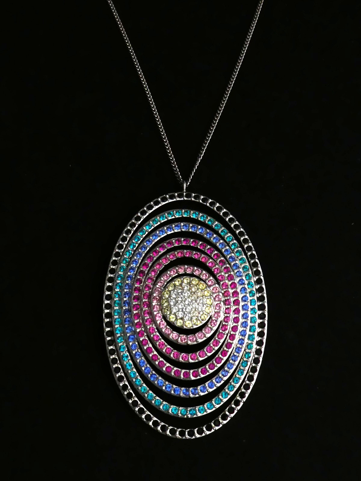 Swarovski Palladium Plated Large Oval Rainbow Crystal Studded Pendant NECKLACE