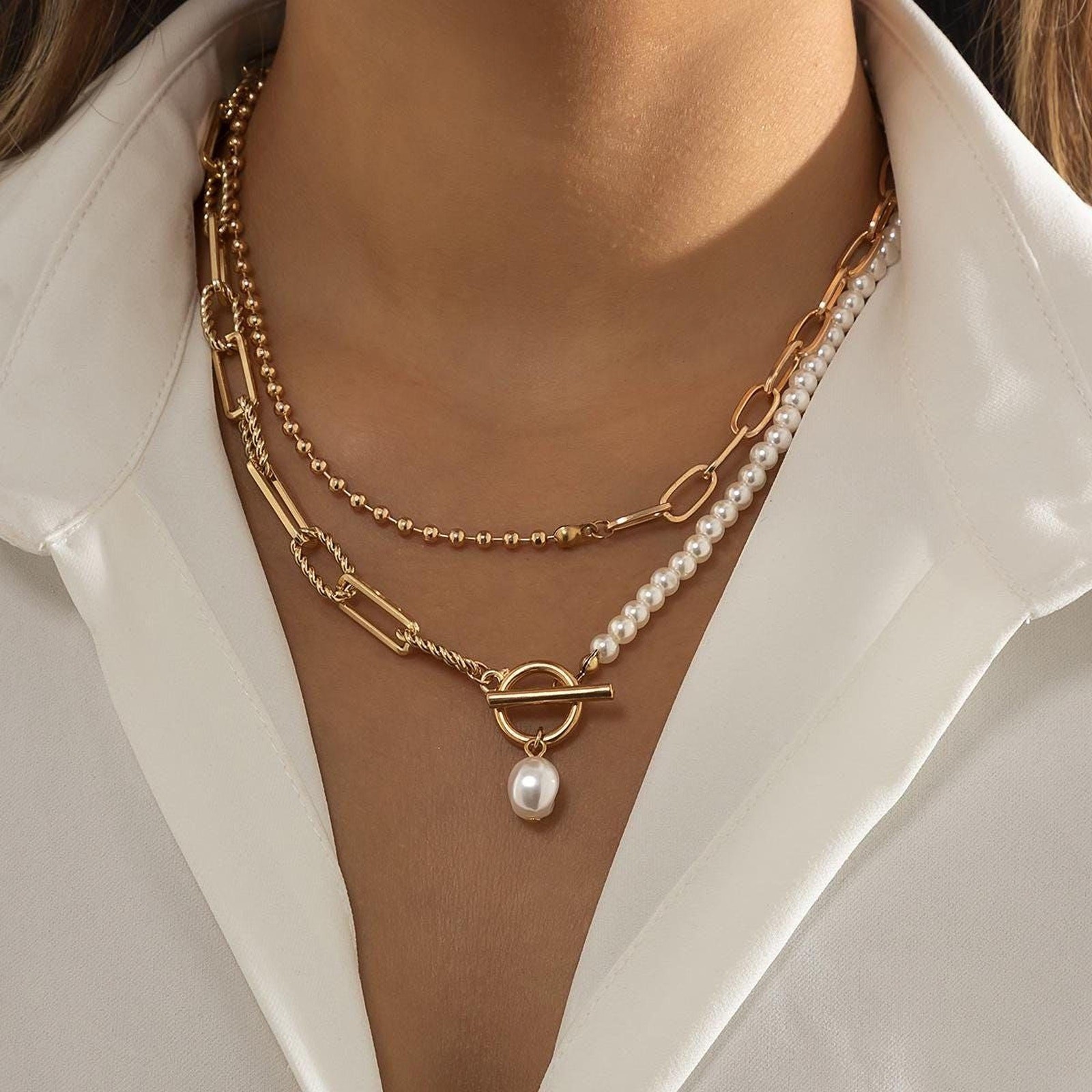 Layered Gold and Pearl Necklace: Paperclip Chain with Toggle Clasp (16-18″)