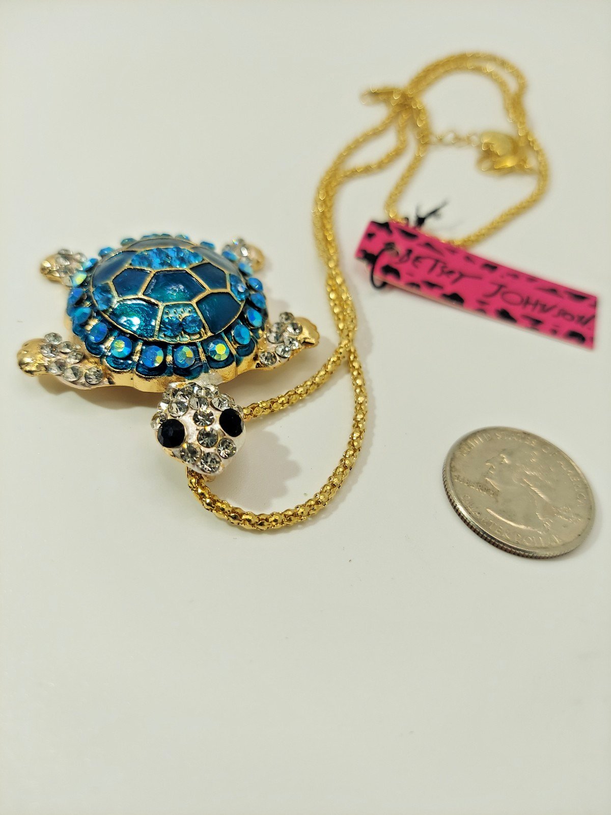 Brilliant 3D Jewel TURTLE Blue Rhinestone Betsey Johnson Tortoise Necklace-Gift