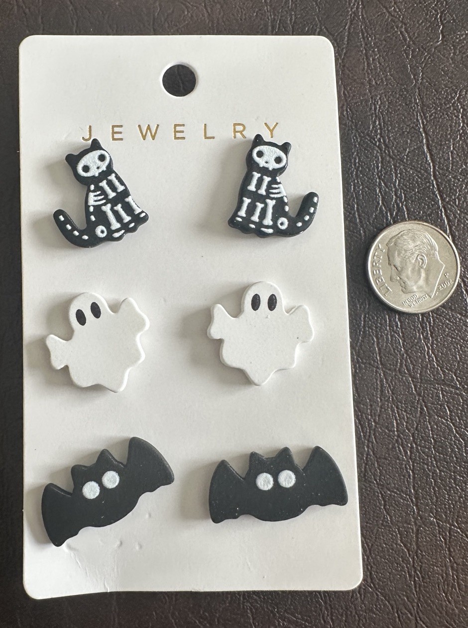Halloween Stud Earring Set 3 Pair Skeleton Cat Bat Ghost