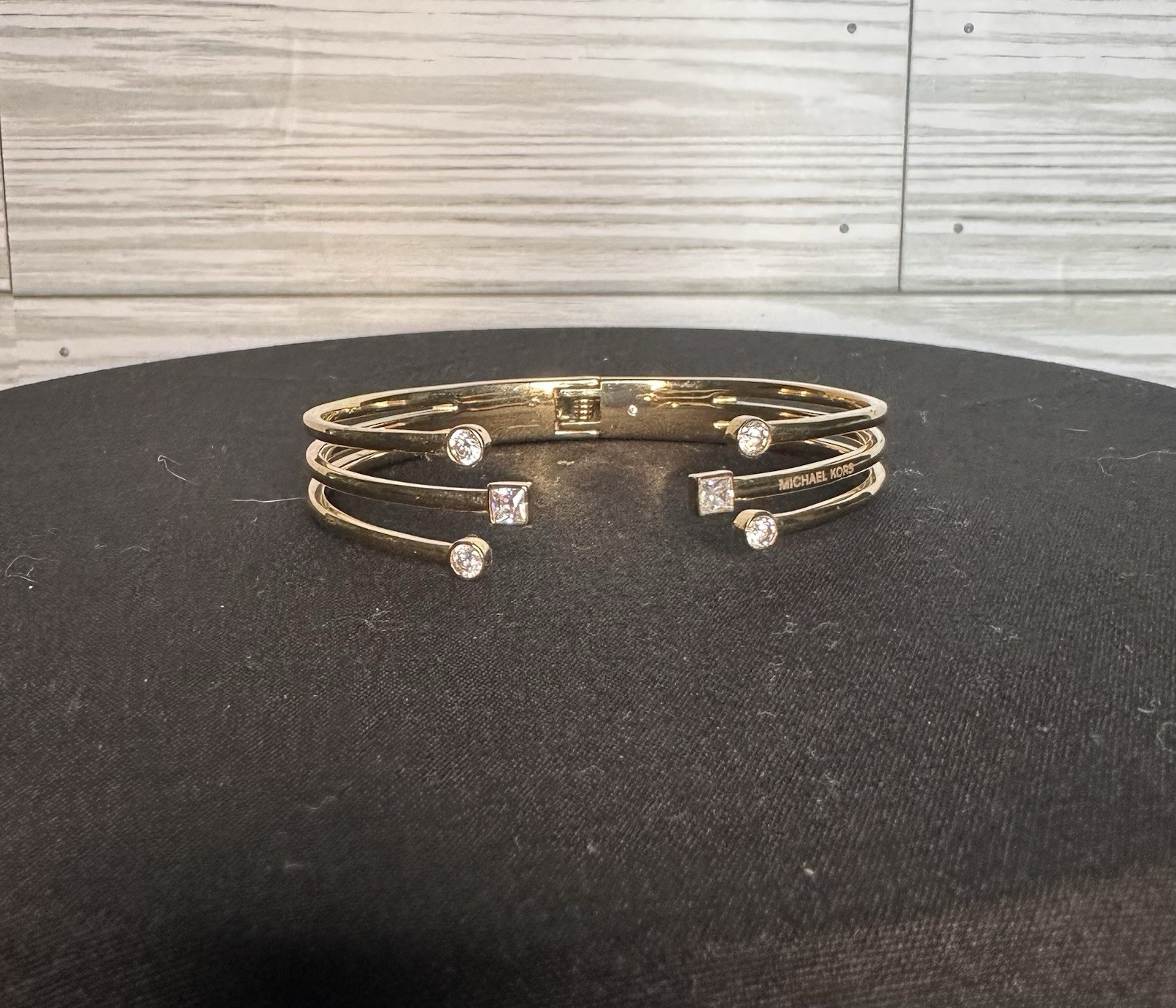 Michael Kors CZ Open Cuff Bracelet Triple Row Gold Tone 6.5 In