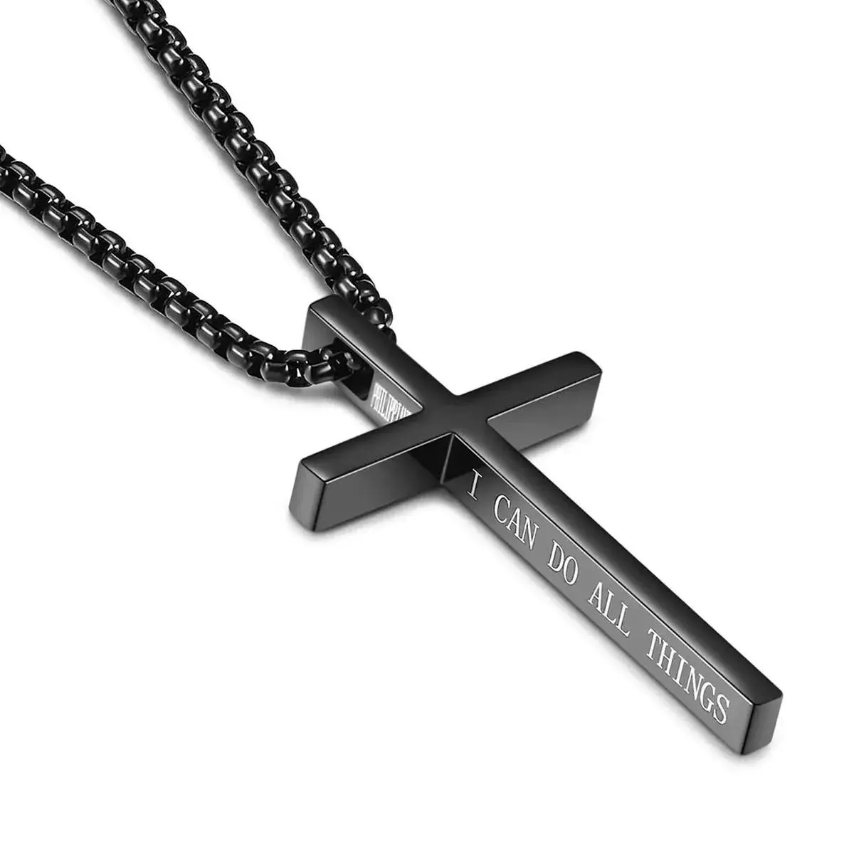 Men Women Cross Necklace Stainless Steel Christian STRENGTH Pendant Chain 24″