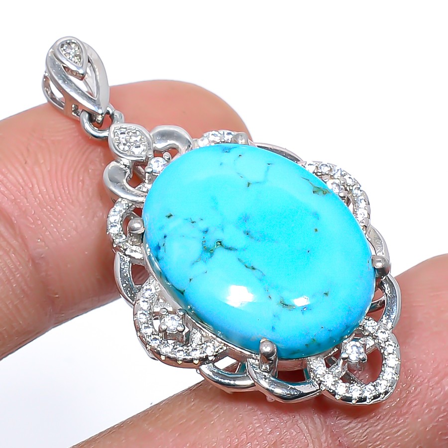 Magnesite Turquoise & Cz Gemstone 925 Silver Plated Pendant 1.7″ T87