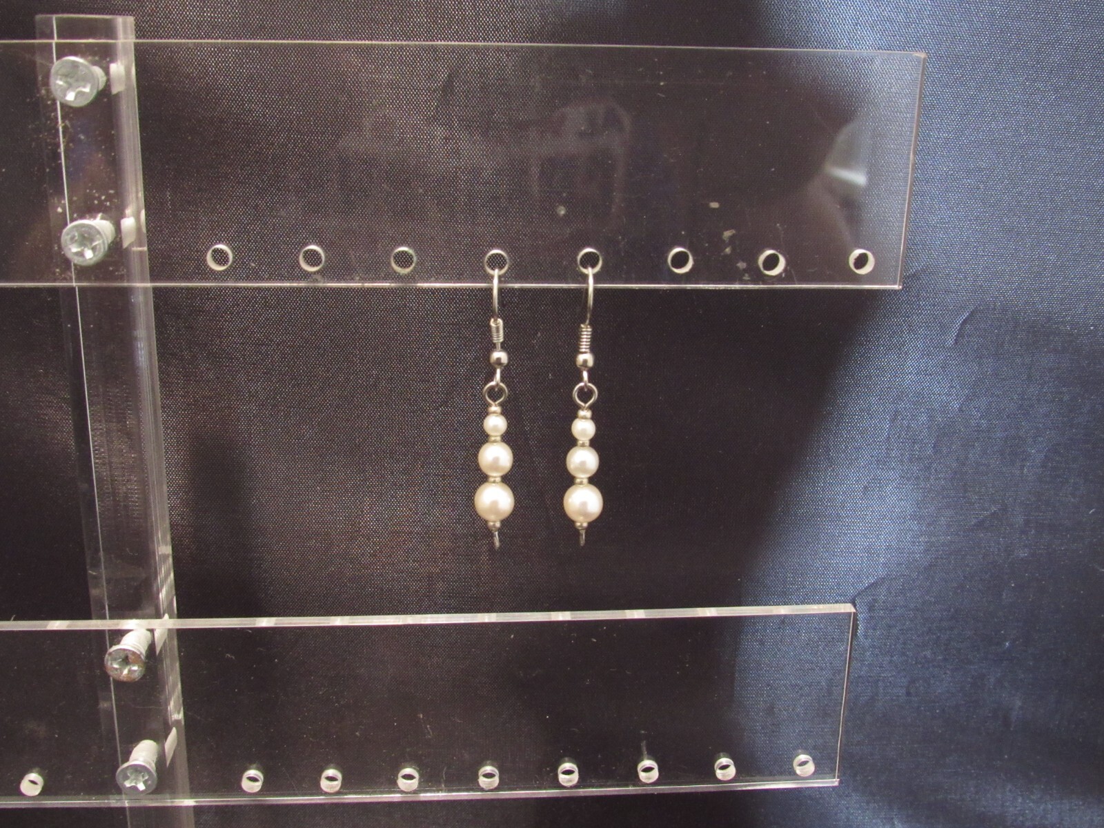 Silver Hook Earrings with Three Dangling White Faux Pearls