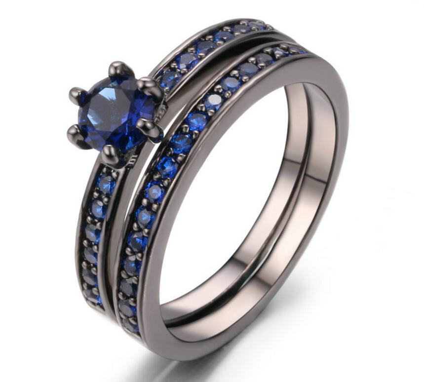 18KGP Black Gold Round Cut AAA Sapphire CZ Engagement Ring Weding Band Set