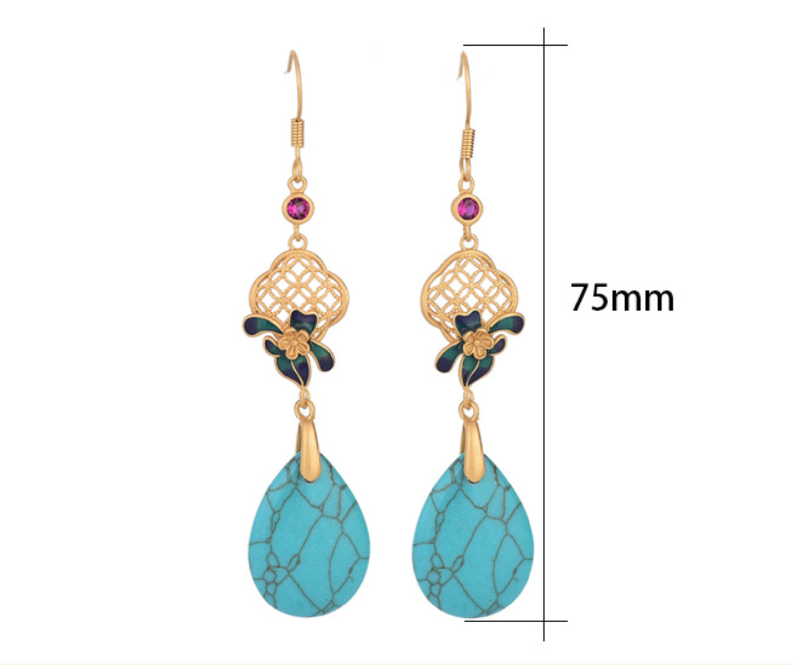 Bohemian Turquoise Drop Dangle Earrings Gemstone Ethnic Ear Hook 18K Gold Plated