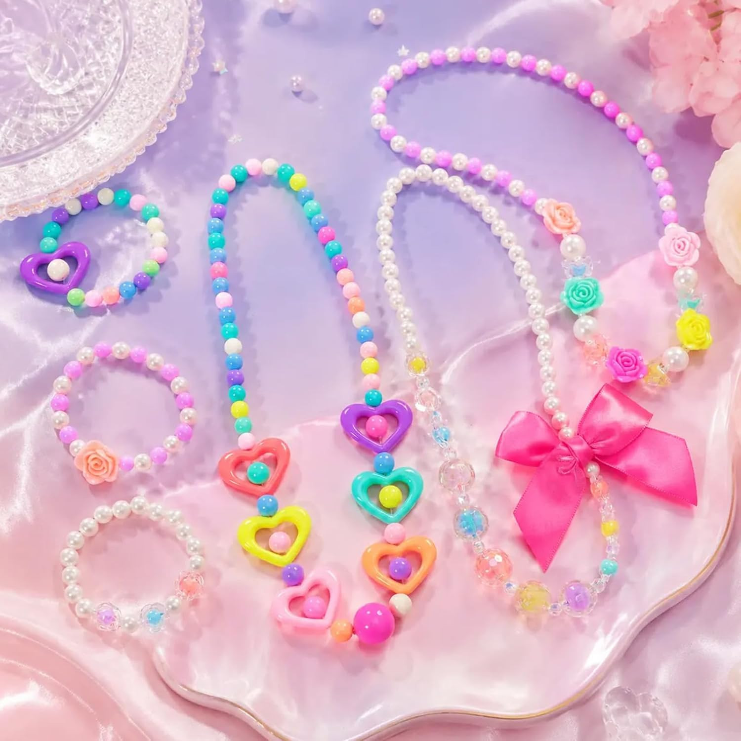 Kids Classic Jewelry, 6 Sets of Beaded Necklaces and Bracelets for Girls, Favors