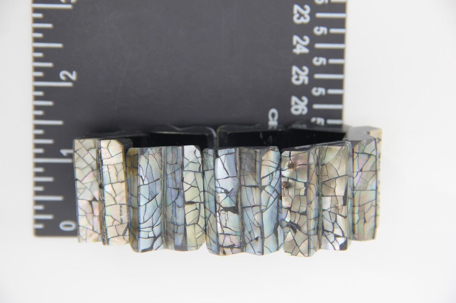 Abalon Mosaic Shell on Black Zig-Zag Shaped Resin Base Stretch Bracelet