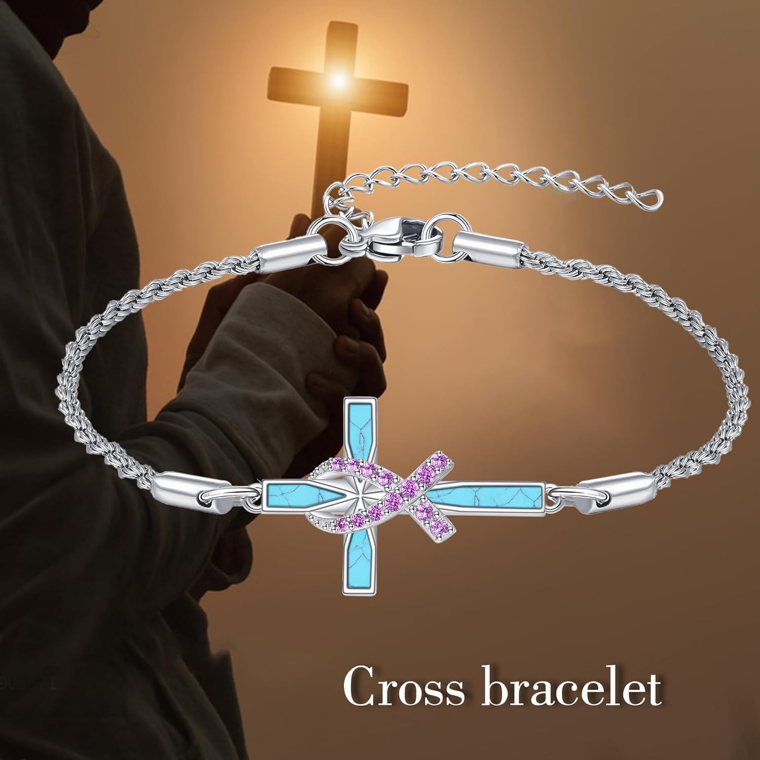 Breast Cancer Survivor Pink Ribbon Cross Bracelet 925 Sterling Silver Gift Women