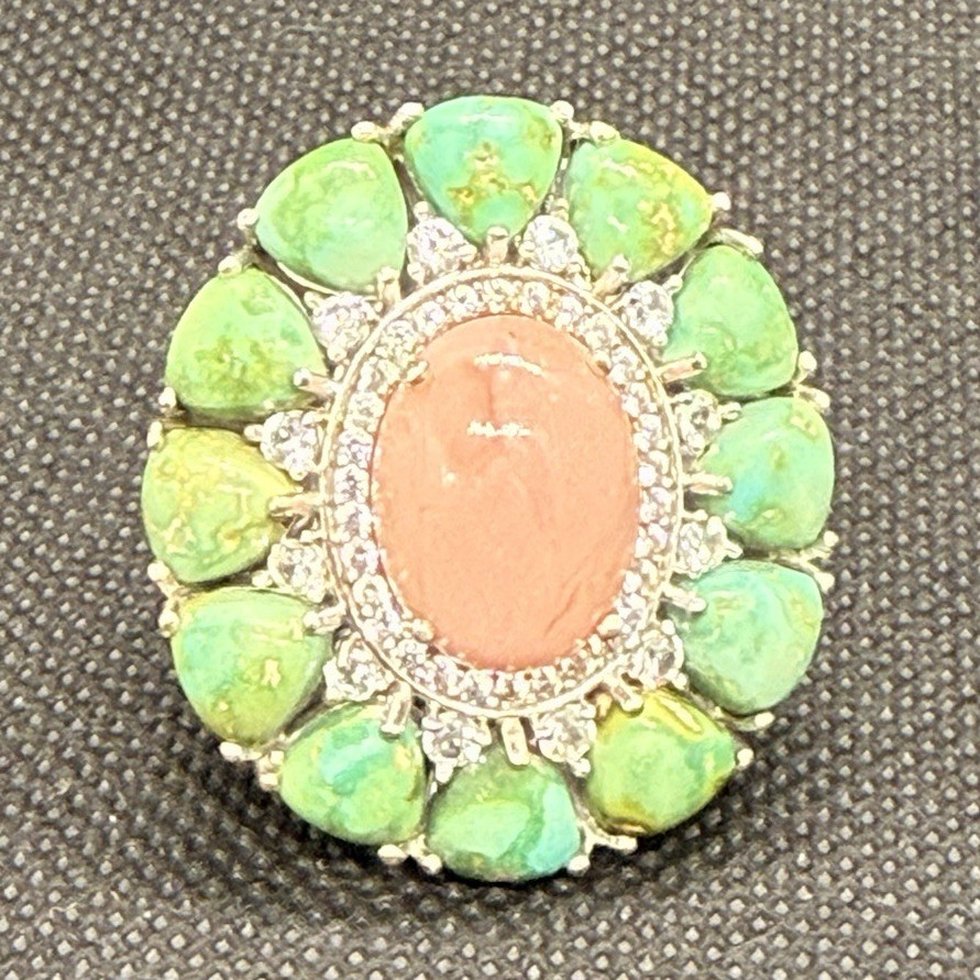 925 Silver Coral Turquoise CZ Halo Cocktail Ring Sz 7 Statement 13g