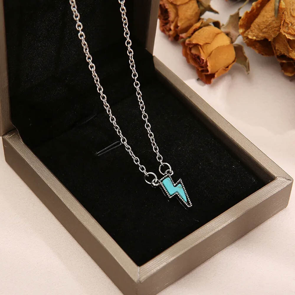 Turquoise Lightning Bolt Pendant Necklace – 19″ Oval Link Chain, Silver Tone