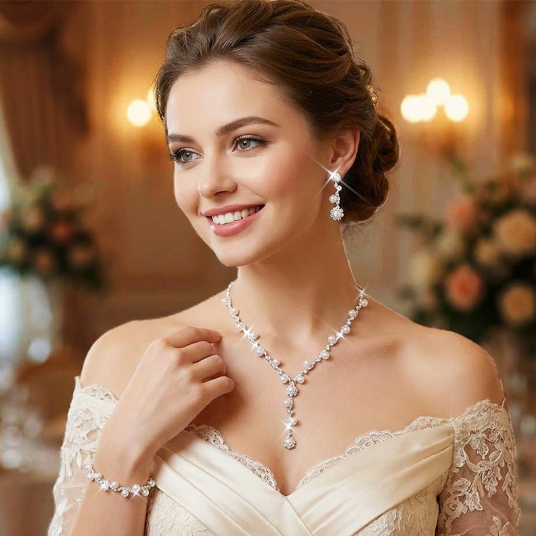 Silver Pearl Bridal Wedding Jewelry Set Rhinestone Necklace Earrings Bracelet Se