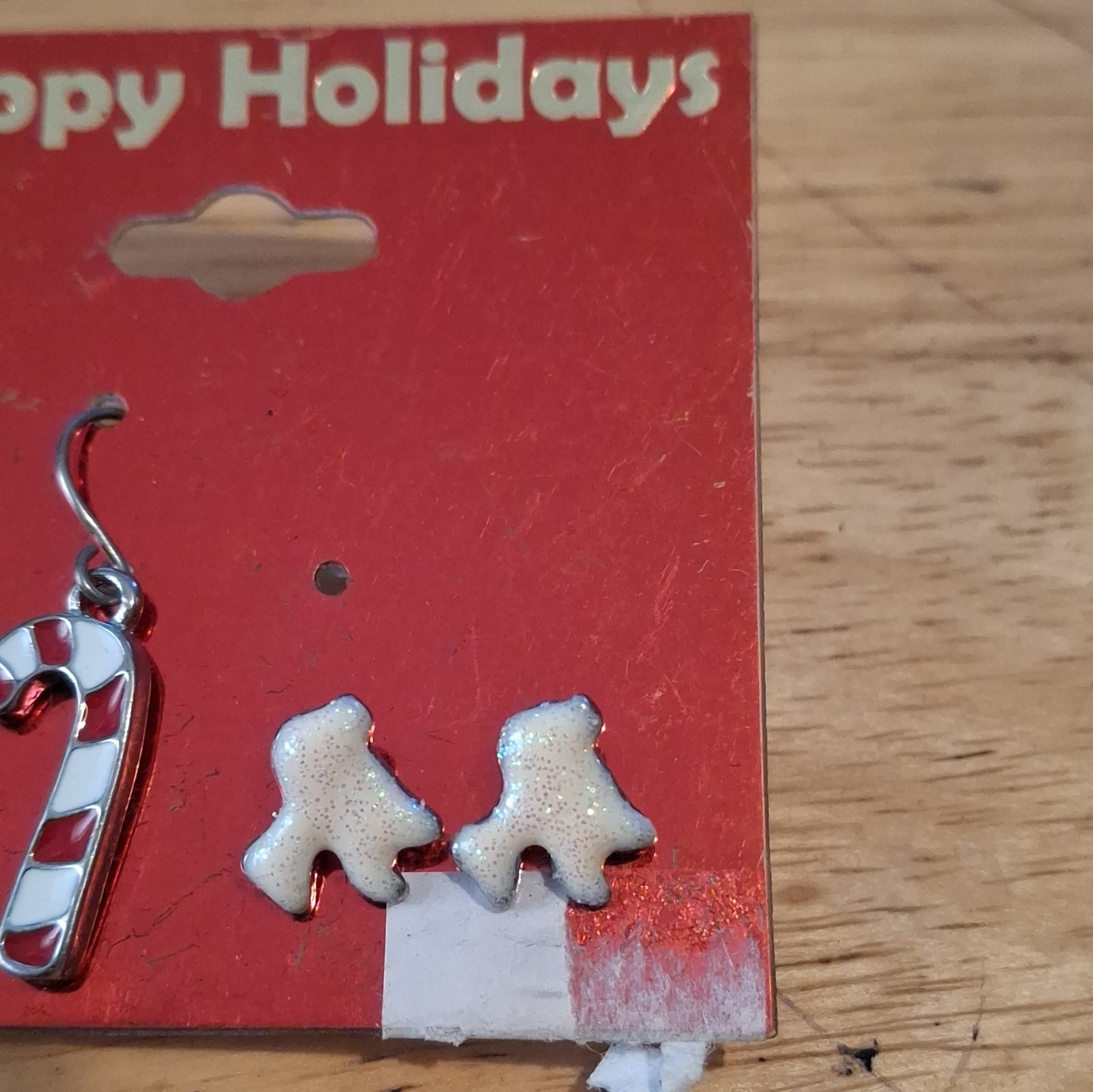 Christmas Red White Enamel Candy Cane Hook Dangle Earrings White Stud Set