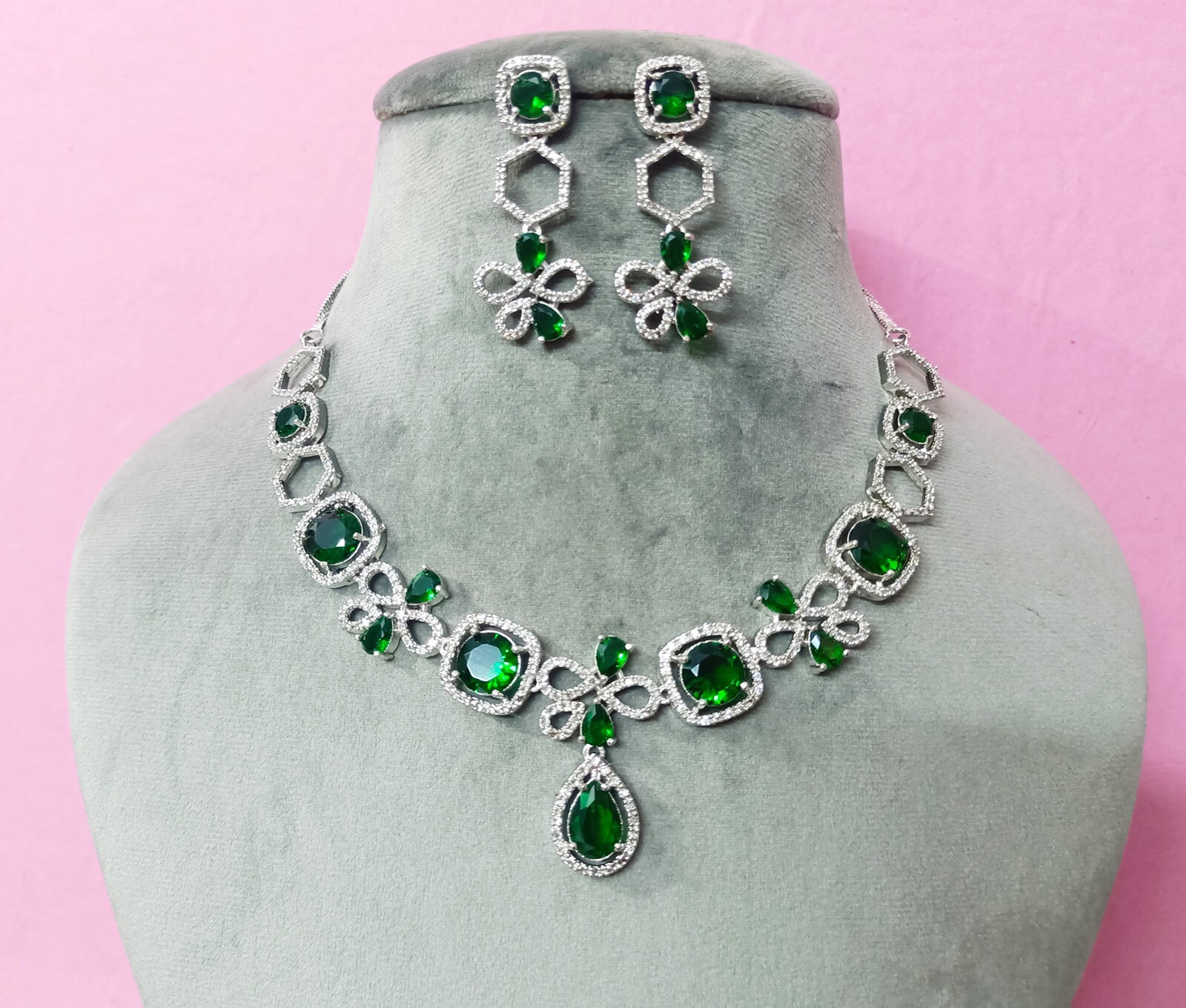 Indian CZ Bridal Green Necklace Earrings Emerald Studded Wedding Party Wear Set