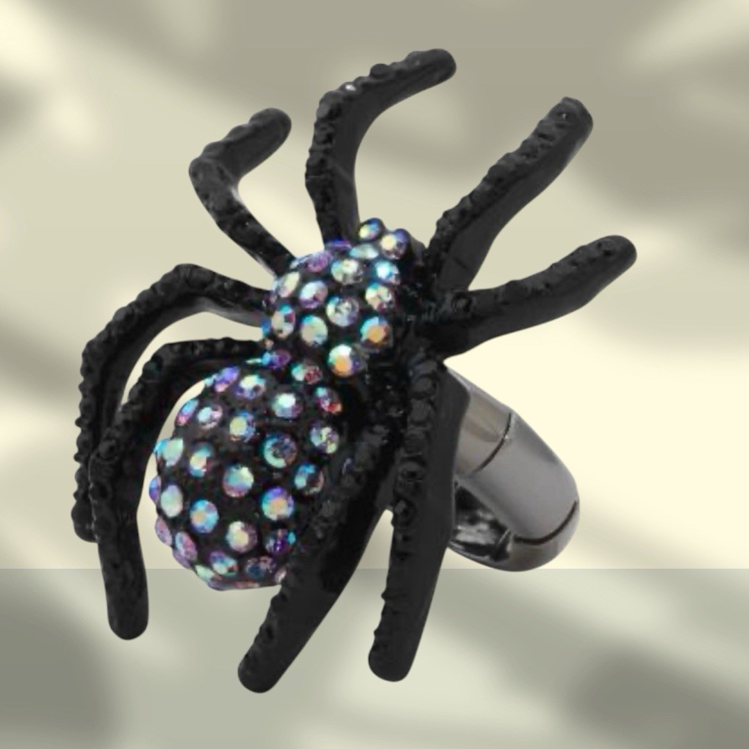 Betsey Johnson Ring Halloween Crystal Black Spider Encrusted Cocktail Stretch